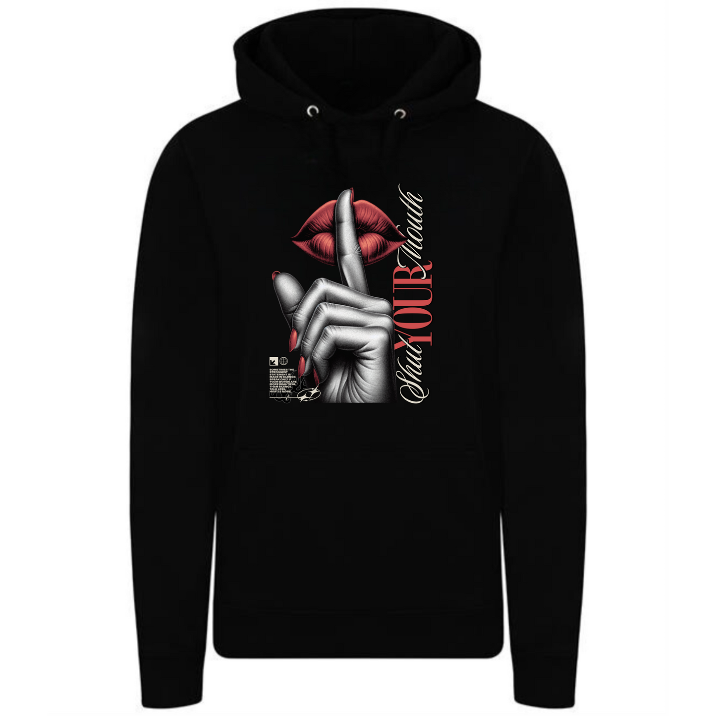 Shut Your Mouth Hoodie | Bold Red Nails & Lips Design