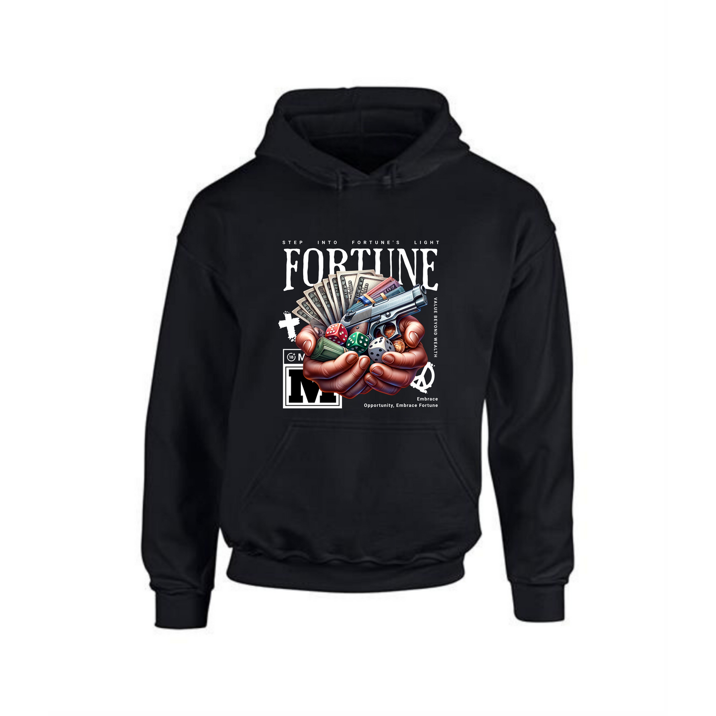 Fortune Hoodie | Hands Holding Money, Dices & Gun Design