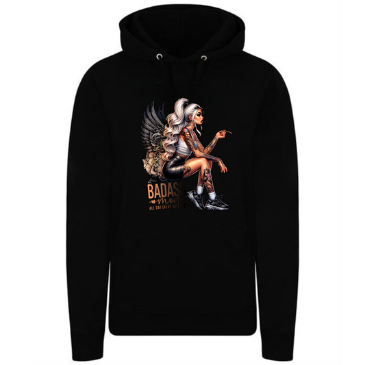 Badass Mode Hoodie | Blonde Woman with Tattoos & Angel Wings