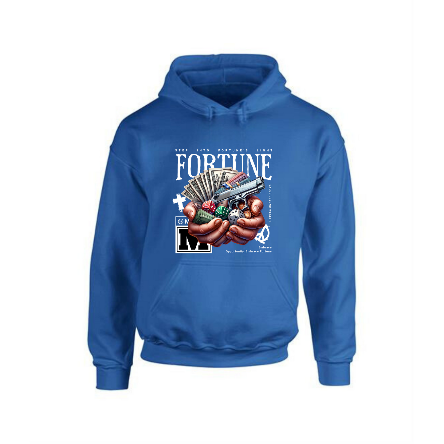 Fortune Hoodie | Hands Holding Money, Dices & Gun Design