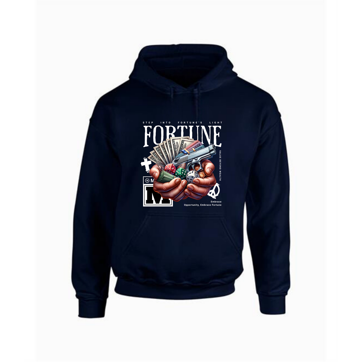 Fortune Hoodie | Hands Holding Money, Dices & Gun Design