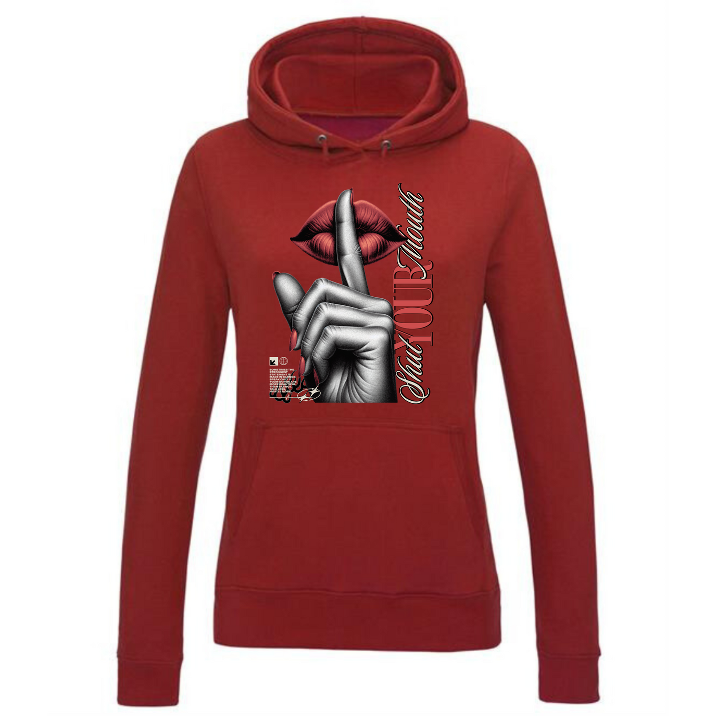 Shut Your Mouth Hoodie | Bold Red Nails & Lips Design