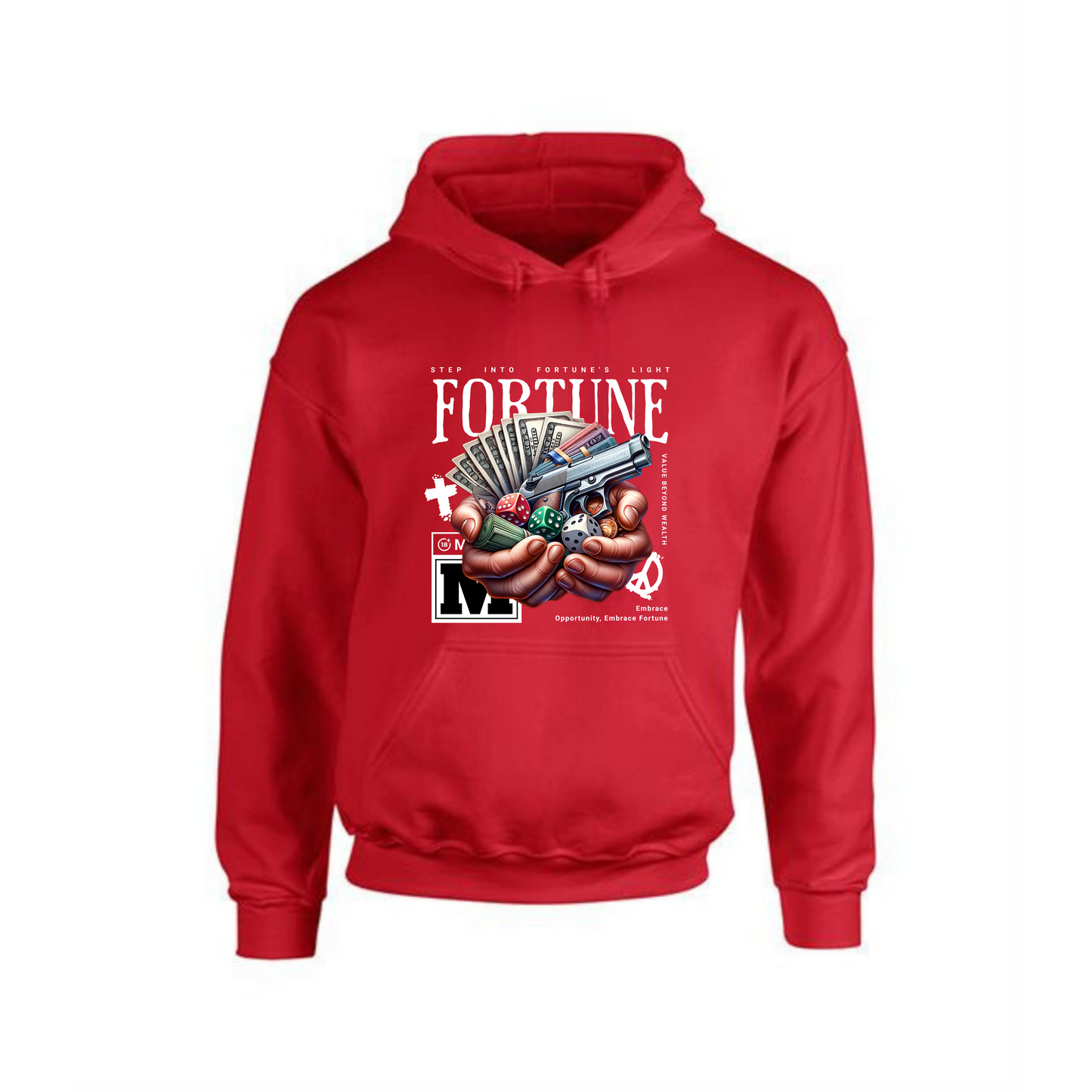 Fortune Hoodie | Hands Holding Money, Dices & Gun Design