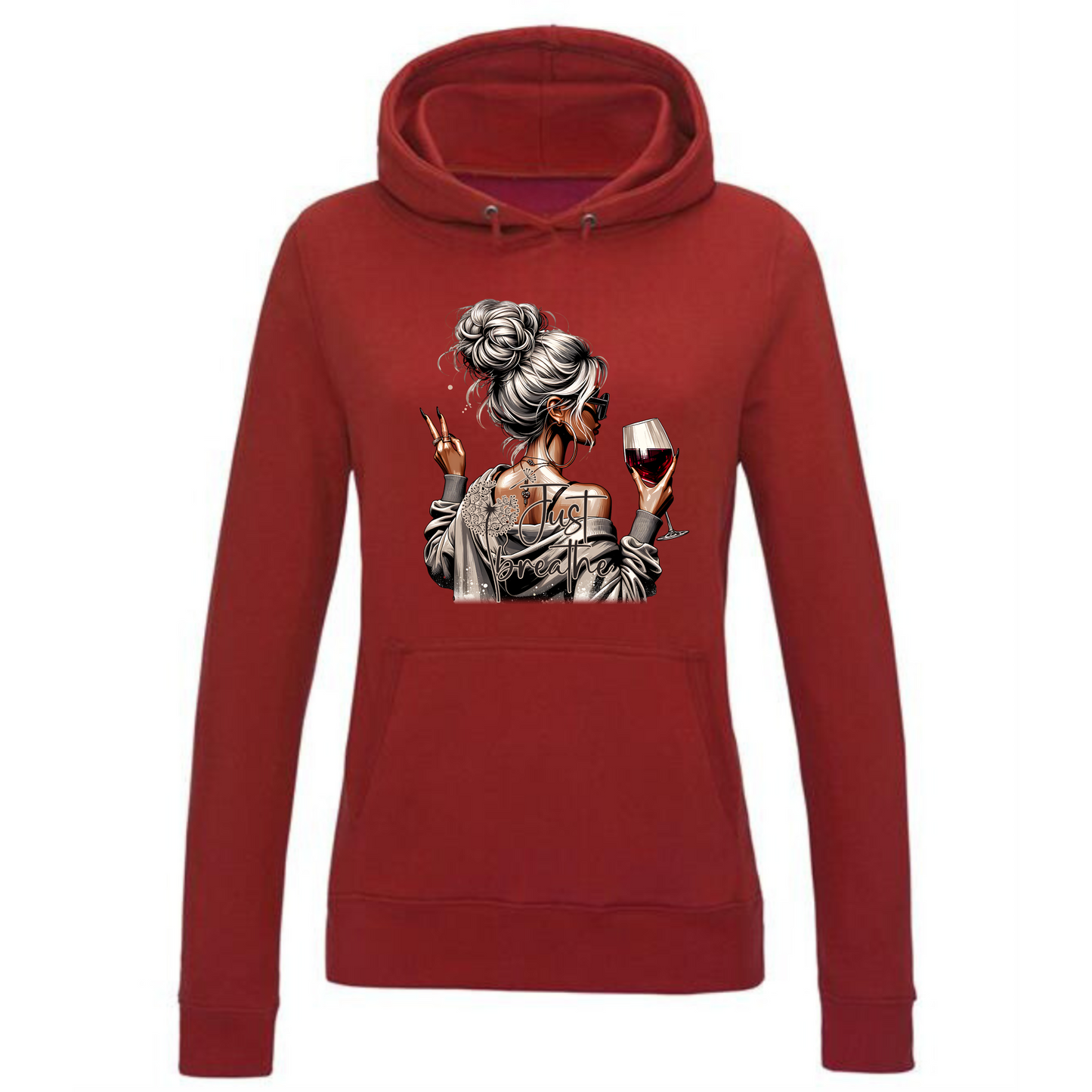 Just Breathe Girl Hoodie | Blonde Woman with Red Wine Design for Women