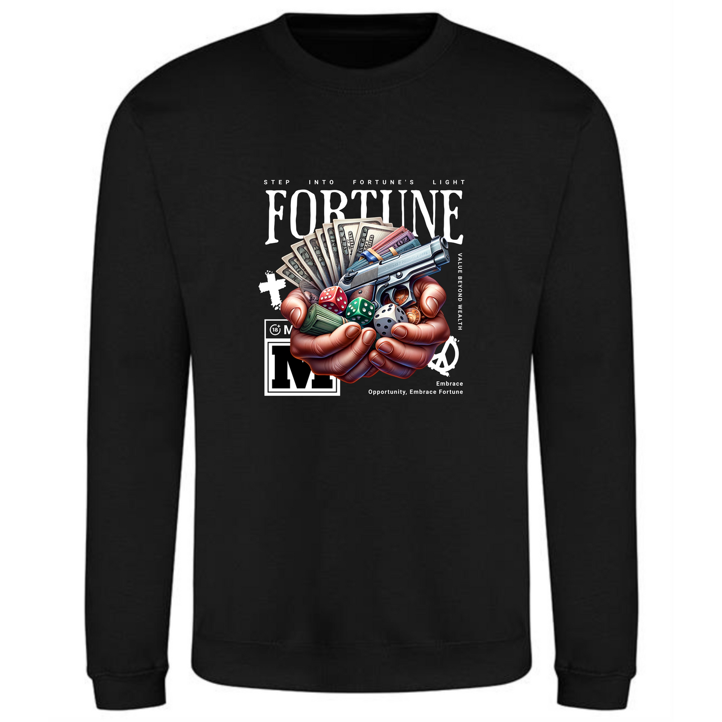 Fortune Sweatshirt | Hands Holding Money, Dice & Gun Design - Style Quest Fashion