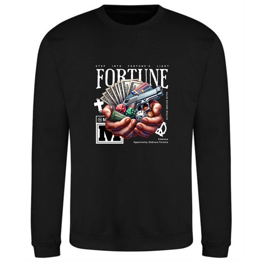 Fortune Sweatshirt | Hands Holding Money, Dice & Gun Design