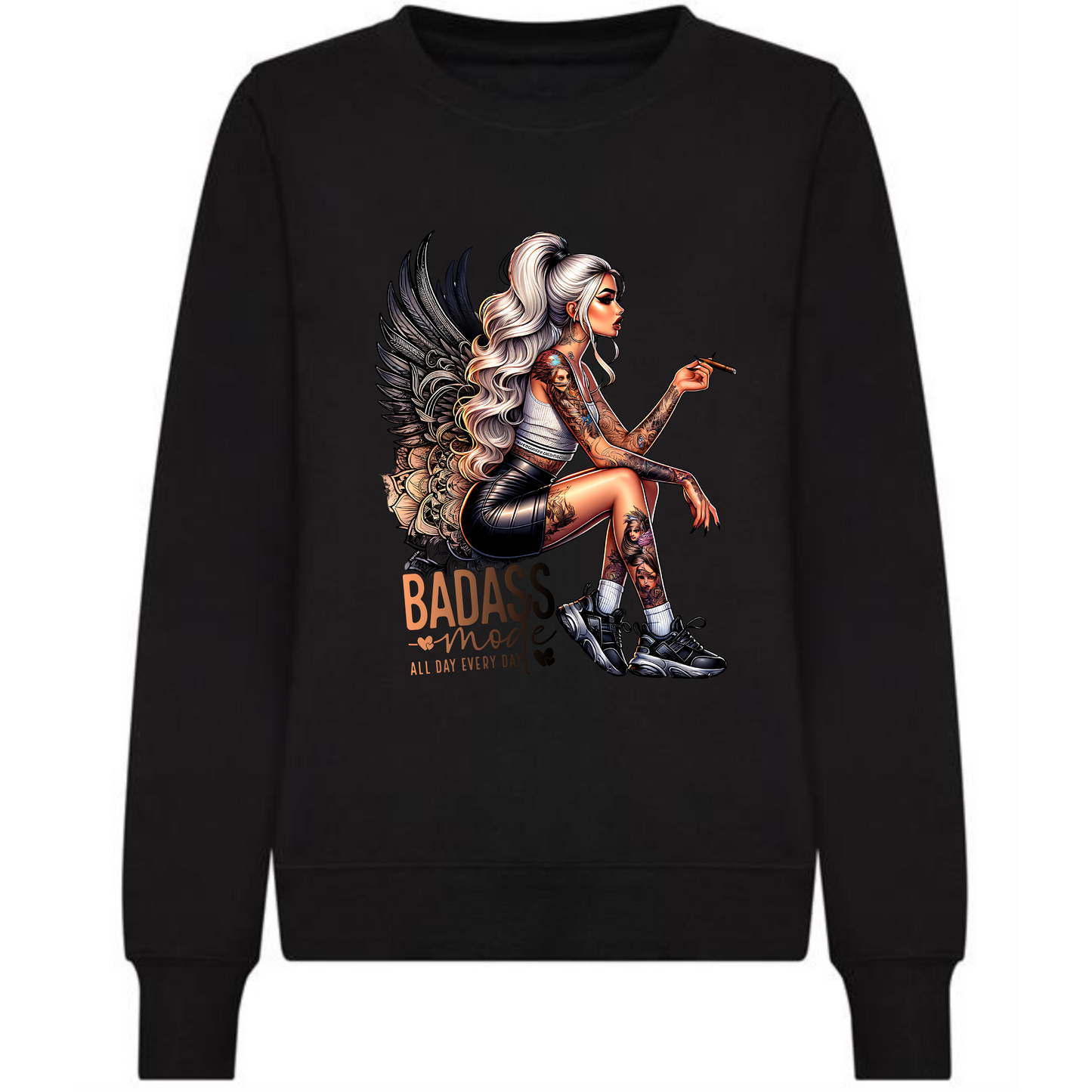 Badass Mode Sweatshirt | Blonde Woman with Tattoos & Angel Wings