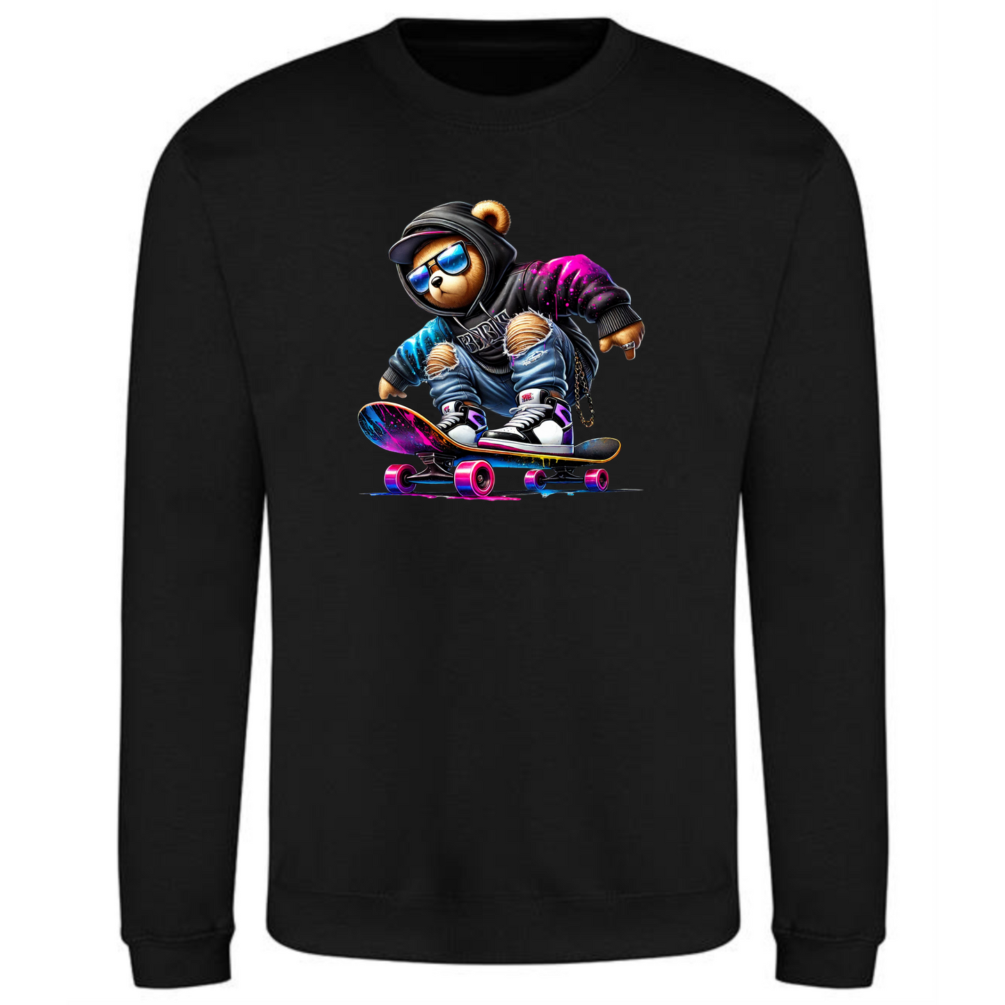 Teddy Bear Sweatshirt | Neon Skateboard Vibes for Men