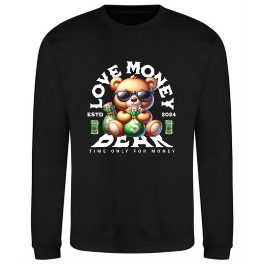 Bear Love Money Sweatshirt | Bear with Sunglasses & Money Bag Design