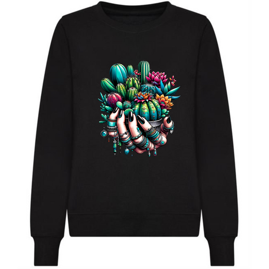 Holding Cactuses Sweatshirt | Unique Women’s Hand with Cactus Design