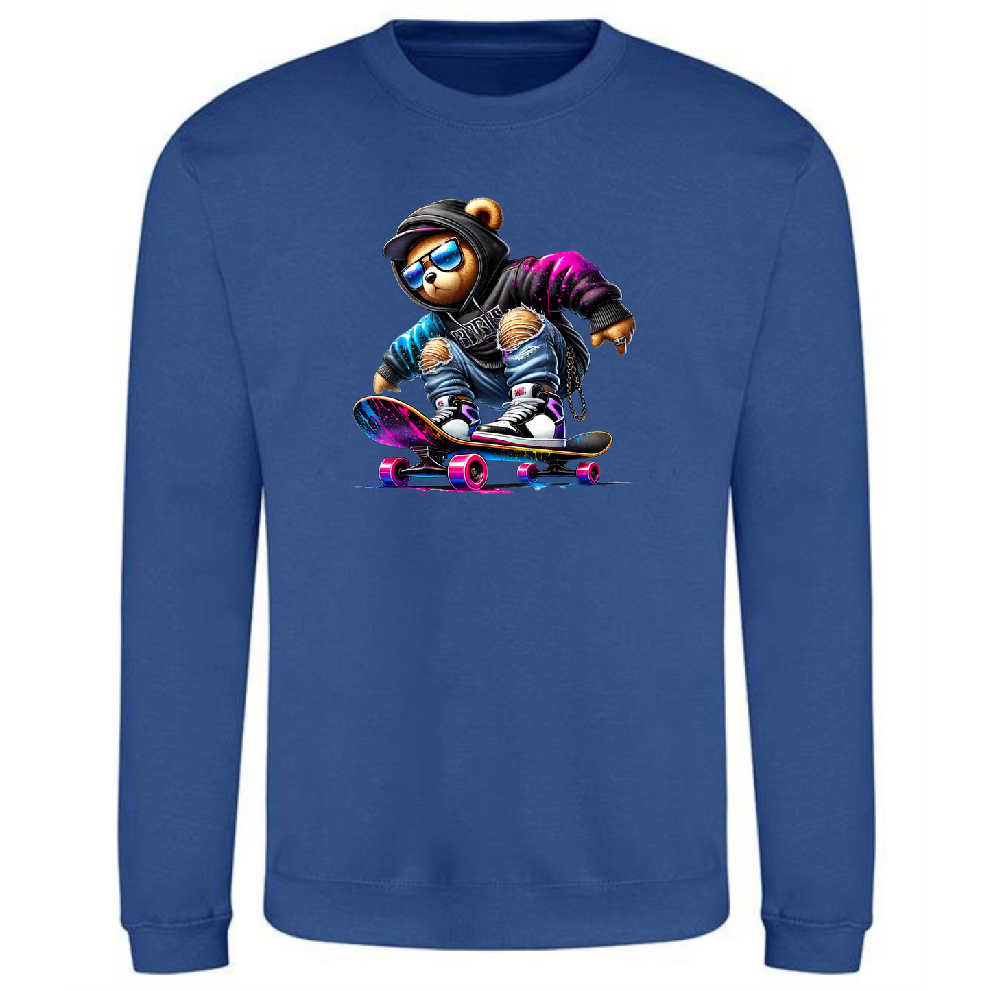 Teddy Bear Sweatshirt | Neon Skateboard Vibes for Men