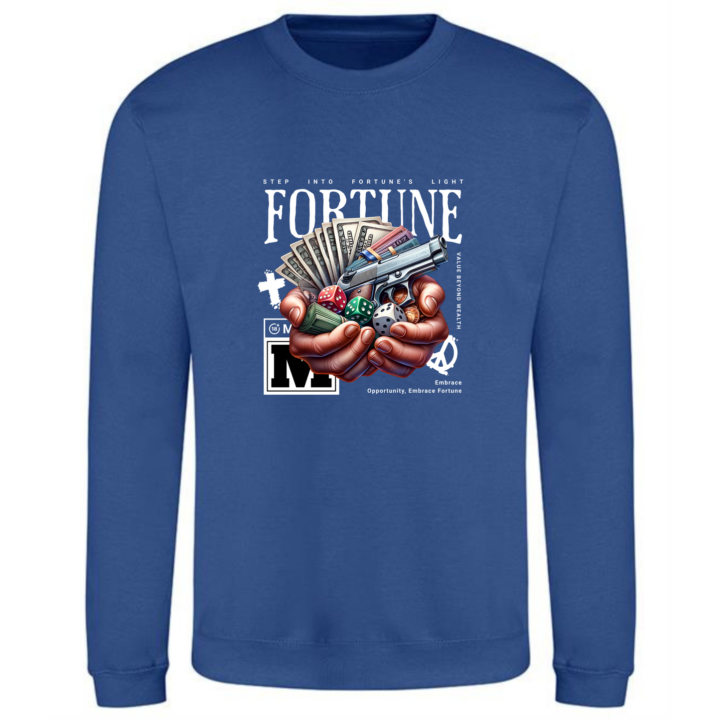 Fortune Sweatshirt | Hands Holding Money, Dice & Gun Design - Style Quest Fashion