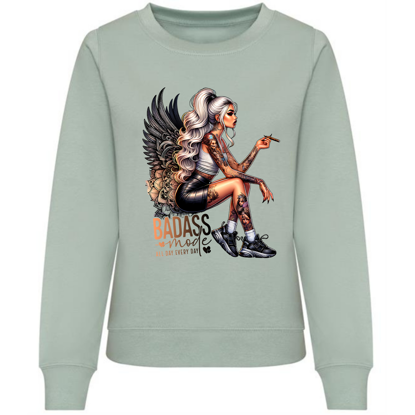 Badass Mode Sweatshirt | Blonde Woman with Tattoos & Angel Wings