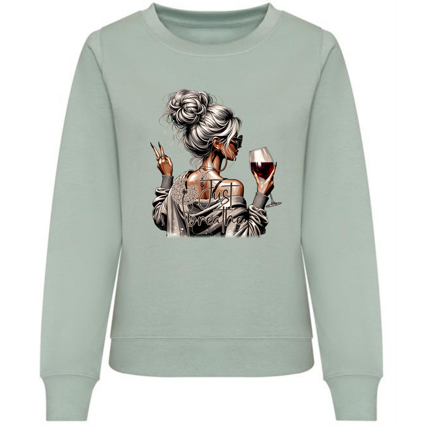 Just Breathe Girl Sweatshirt | Blonde Woman with Red Wine Design