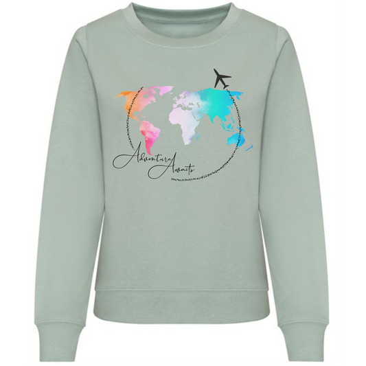 Adventure Awaits Sweatshirt | Map Design with Plane & Bold Text