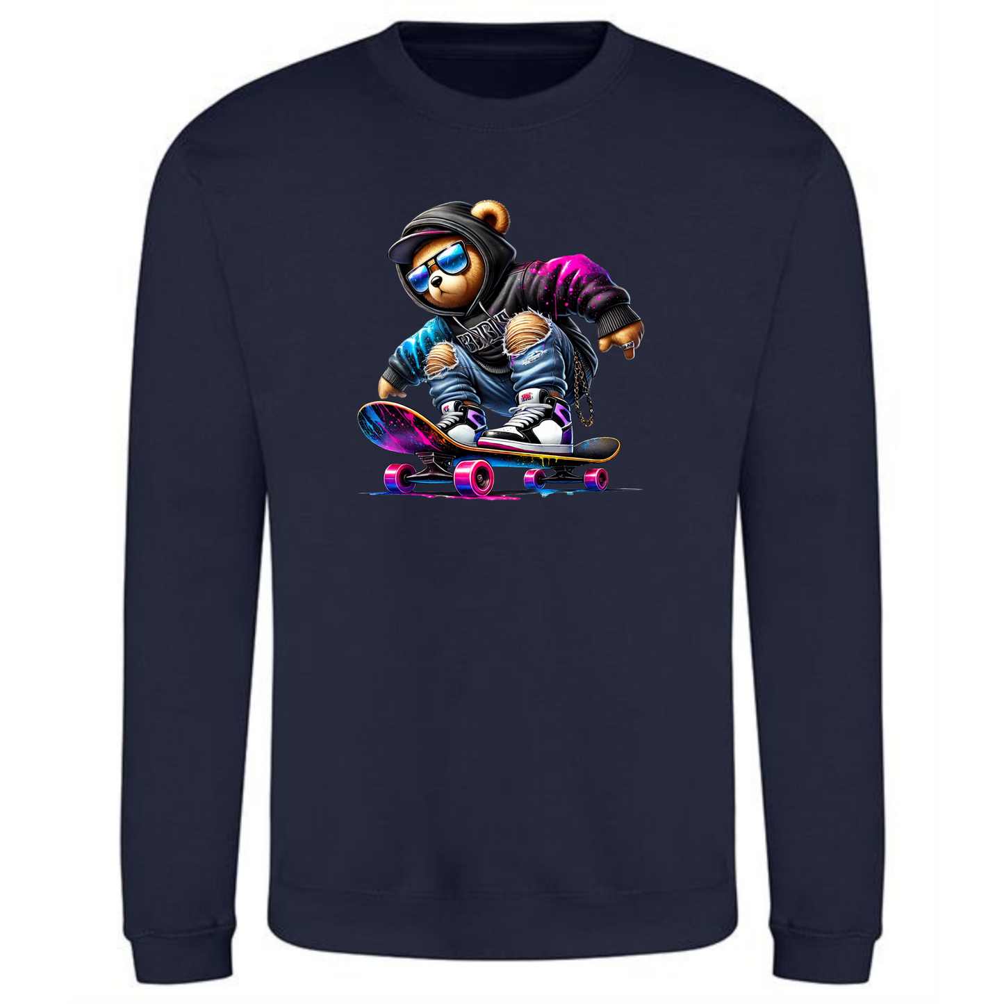 Teddy Bear Sweatshirt | Neon Skateboard Vibes for Men