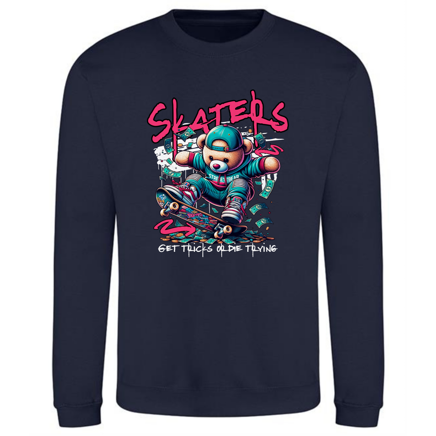 Skaters Sweatshirt | Teddy Bear on Skateboard with Bold Text