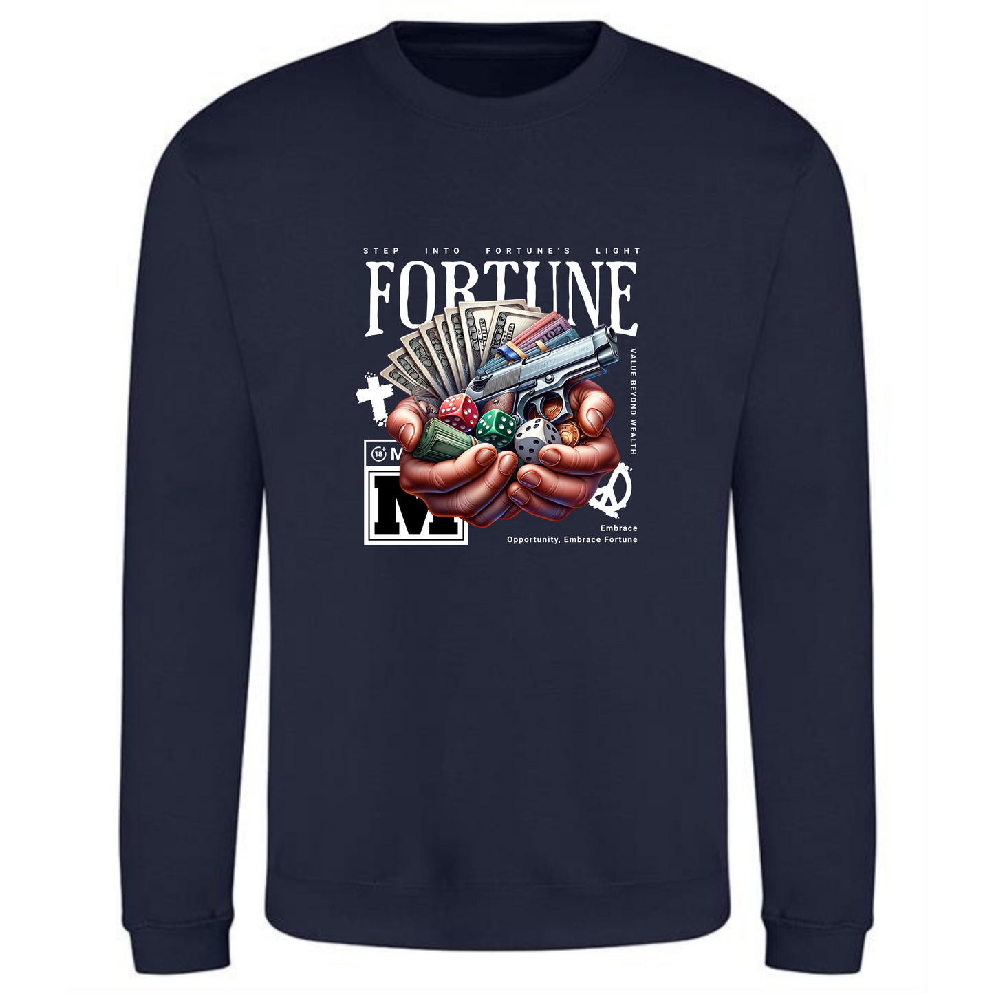 Fortune Sweatshirt | Hands Holding Money, Dice & Gun Design - Style Quest Fashion