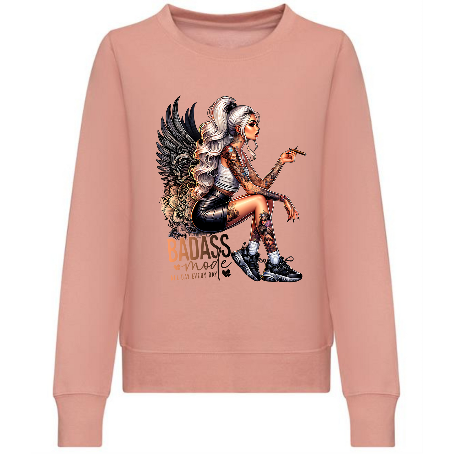 Badass Mode Sweatshirt | Blonde Woman with Tattoos & Angel Wings