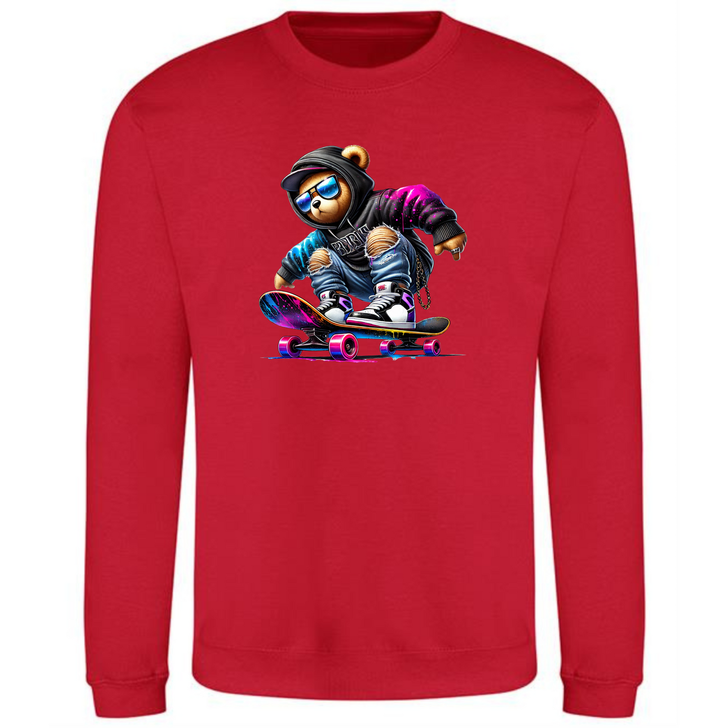 Teddy Bear Sweatshirt | Neon Skateboard Vibes for Men