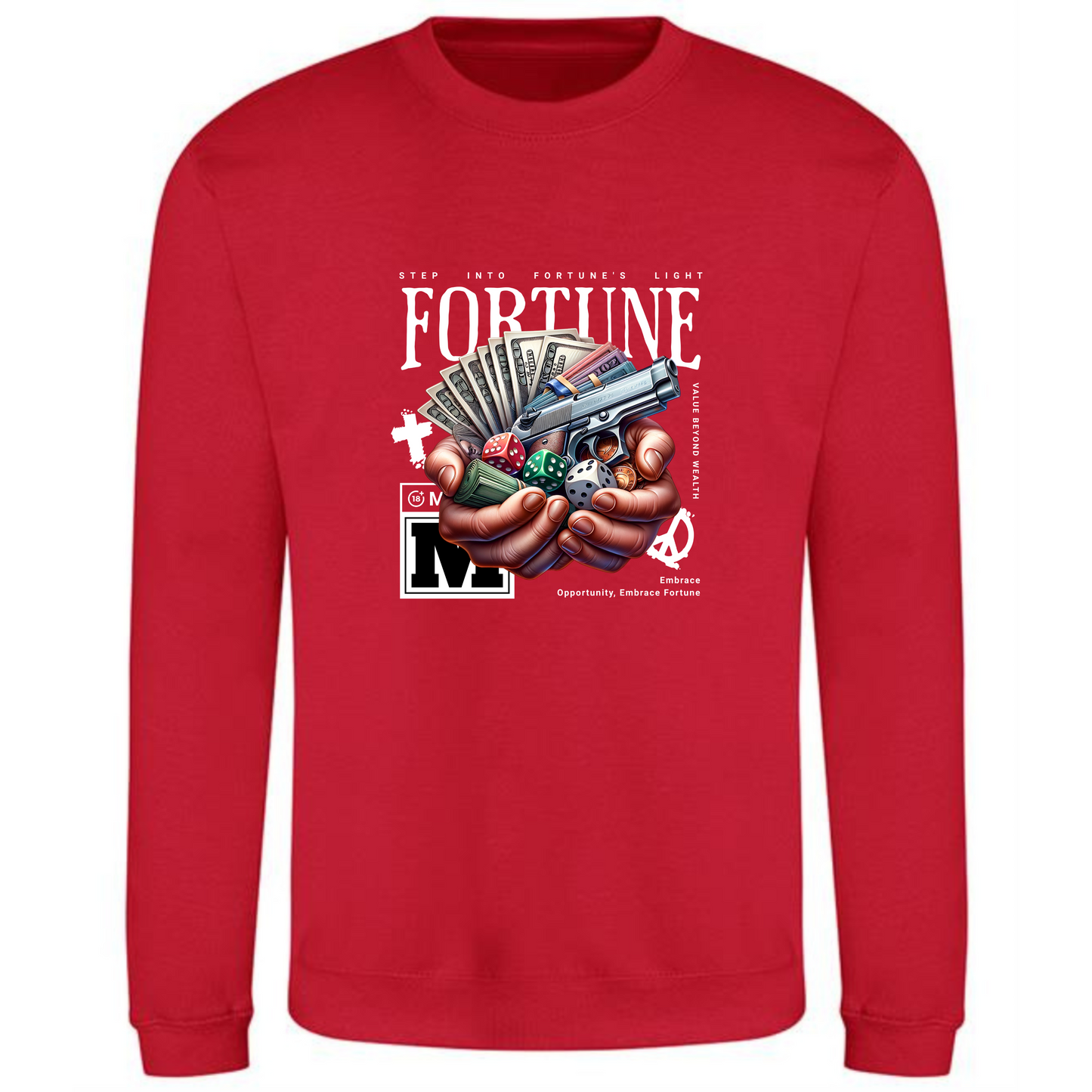 Fortune Sweatshirt | Hands Holding Money, Dice & Gun Design - Style Quest Fashion