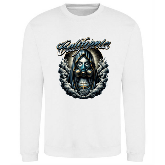 California Sweatshirt | Woman in Mask with Smoke Clouds Design