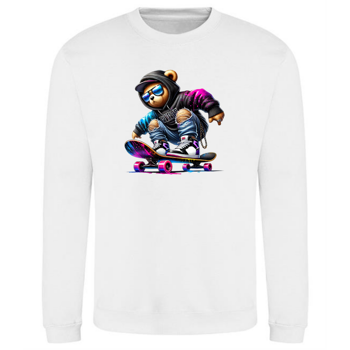 Teddy Bear Sweatshirt | Neon Skateboard Vibes for Men