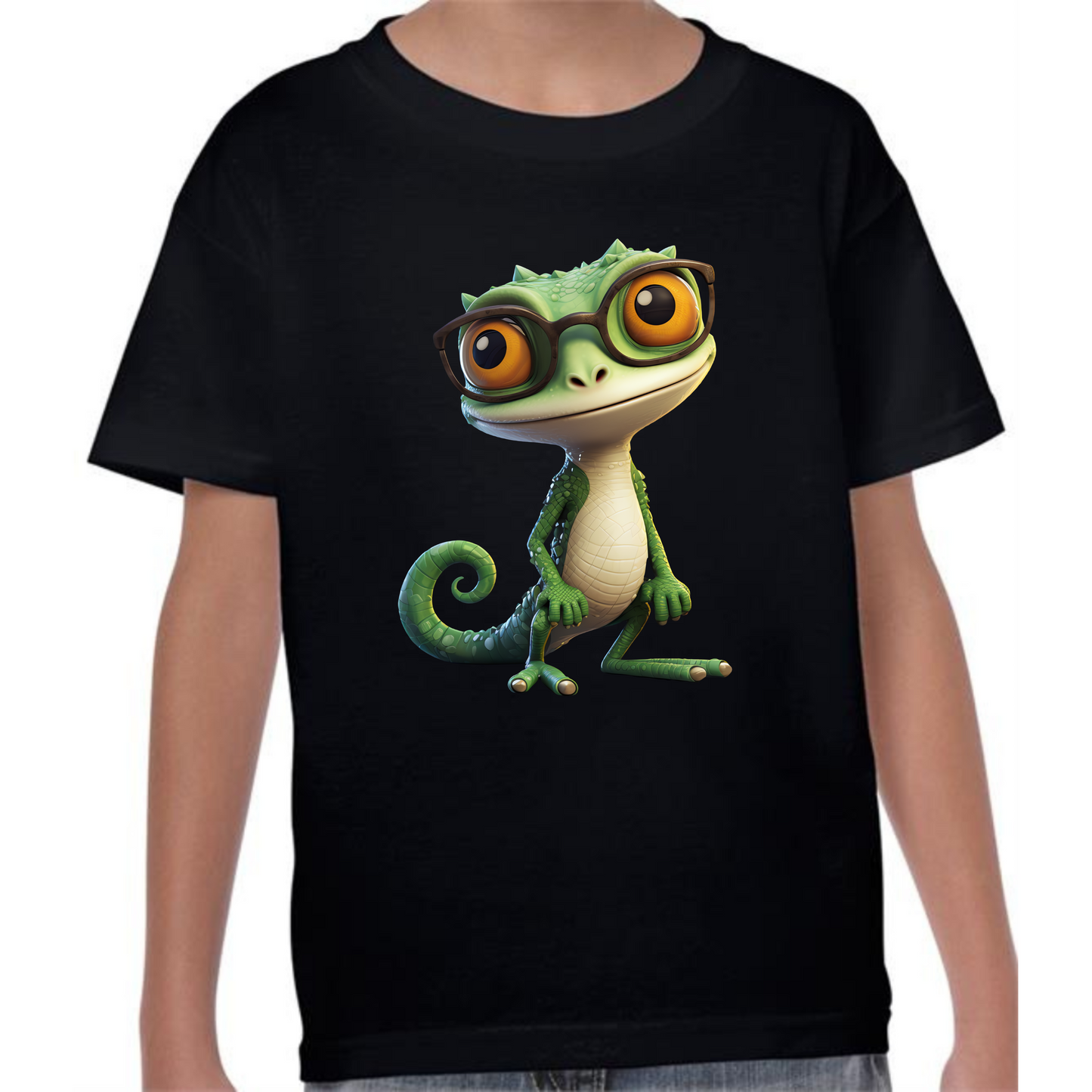 Kids' Cute Green Gecko with Glasses T-Shirt – Fun & Smart Design