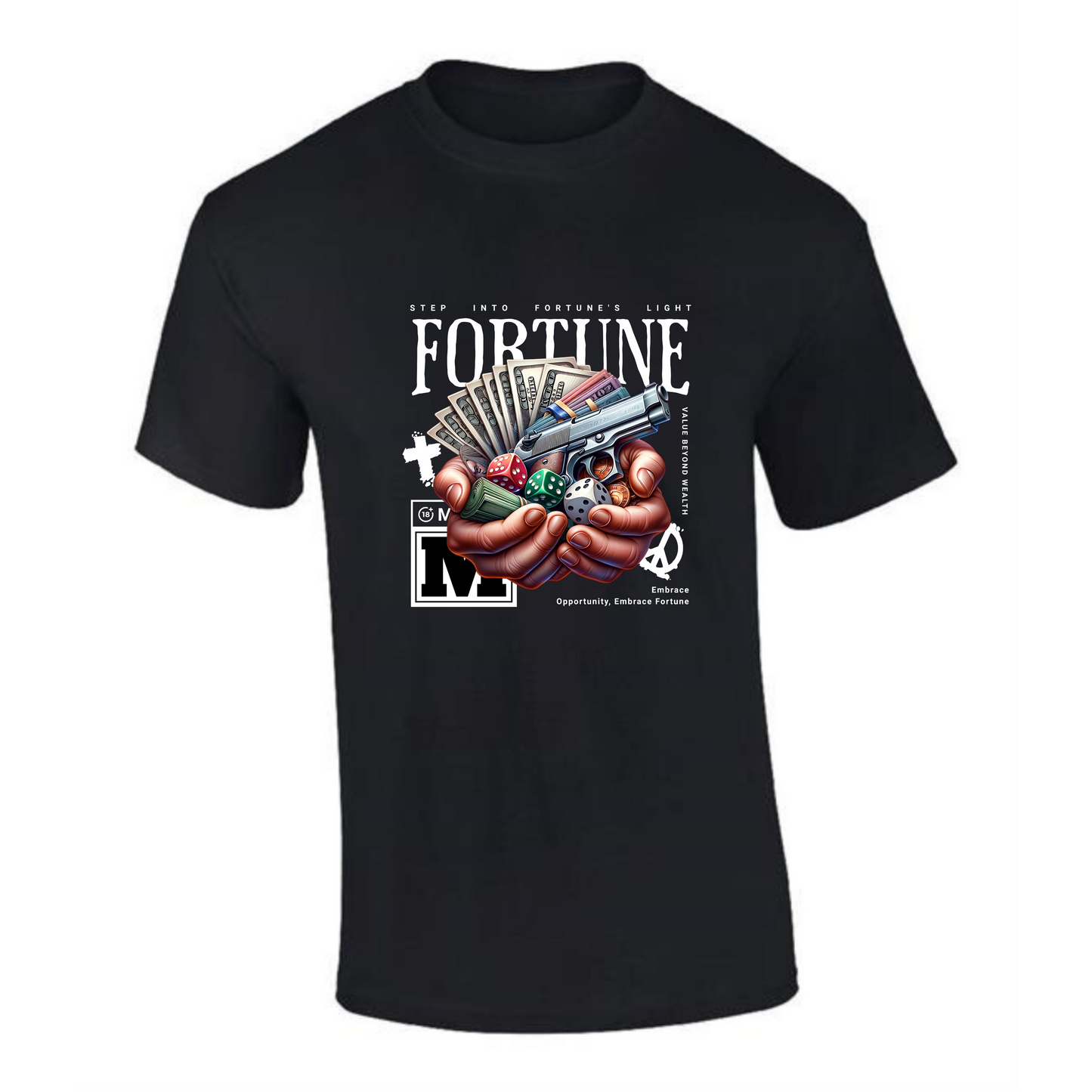 Fortune T-Shirt | Hands Holding Money, Dice & Gun Design – Premium Tee - Style Quest Fashion