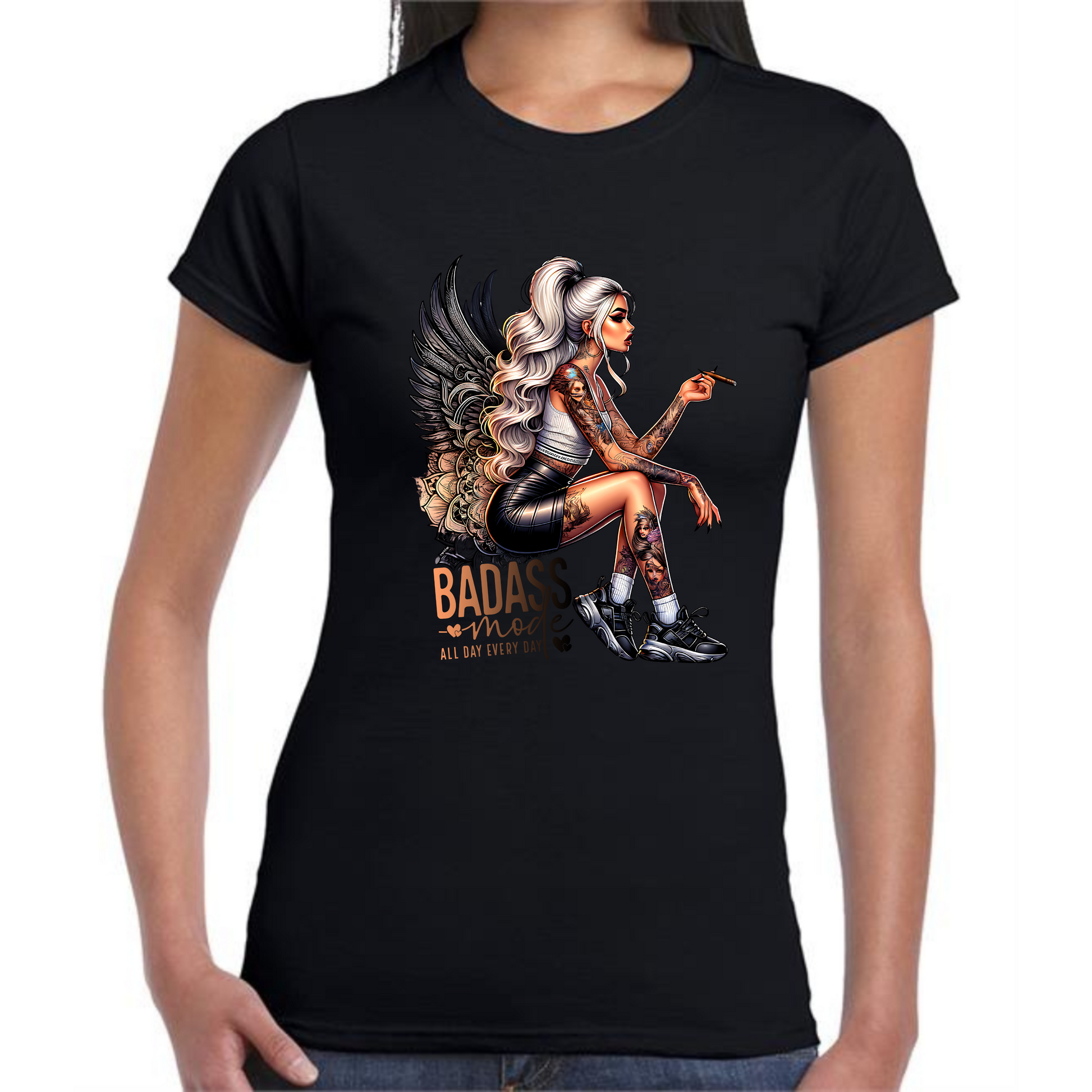 Badass Mode T-Shirt | Blonde Woman with Tattoos & Angel Wings - Style Quest Fashion