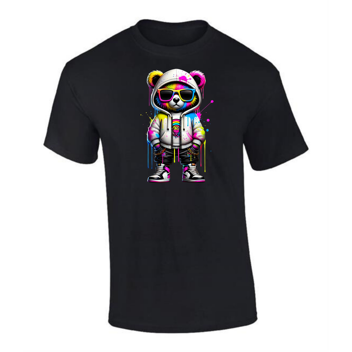 Teddy Bear T-Shirt | Neon Hands-in-Pockets Style for Men