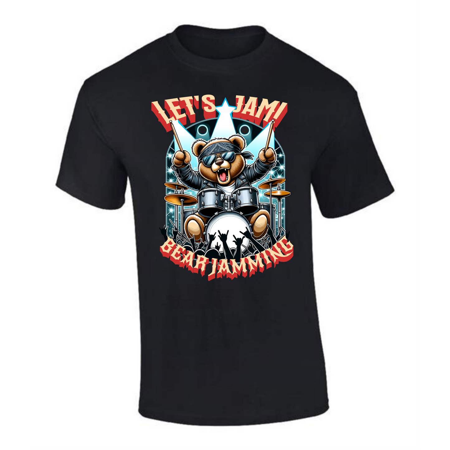 Let’s Jam Bear T-Shirt | Rocker Bear Drummer Design – Premium Tee