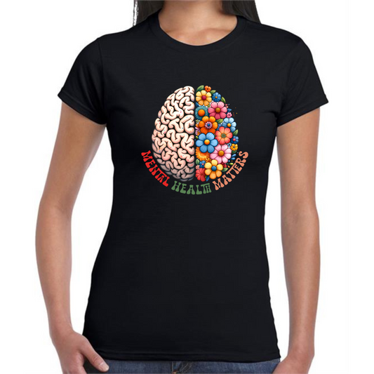 Mental Health Matters T-Shirt | Brain and Flowers Design