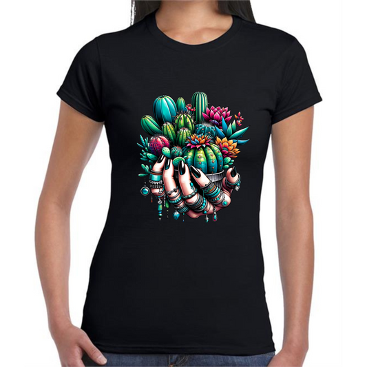 Holding Cactuses T-Shirt | Unique Women’s Hand with Cactus Design