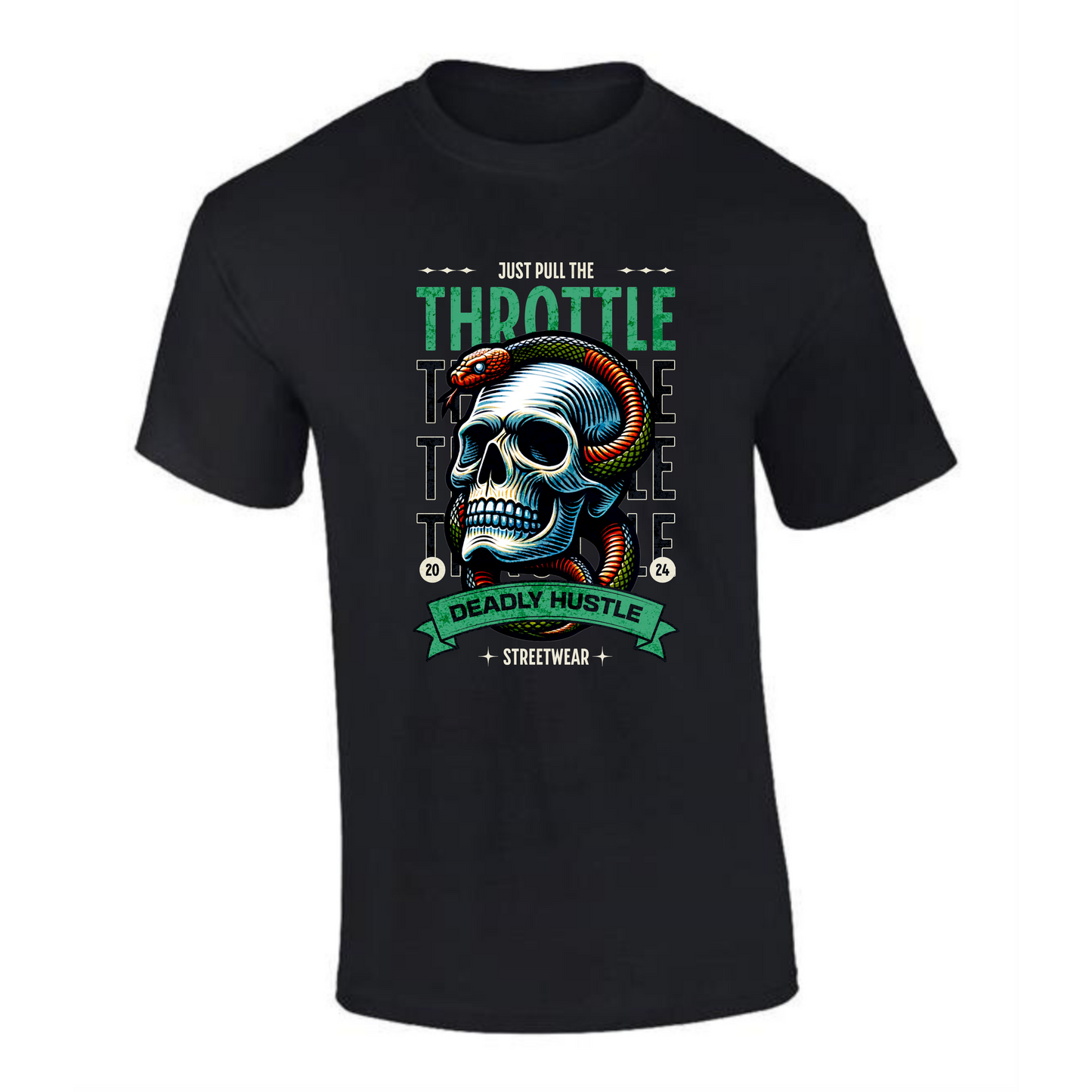 Just Pull the Throttle T-Shirt | Skull & Snake Design – Deadly Hustle Streetwear