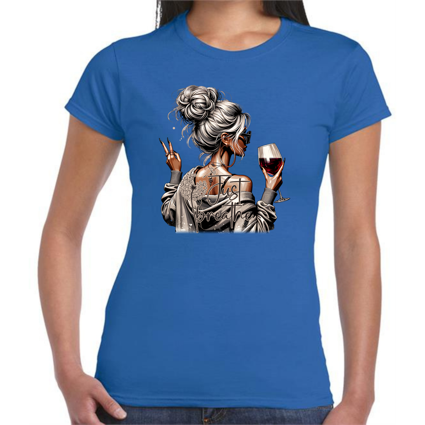 Just Breathe Girl T-Shirt | Blonde Woman with Red Wine Design