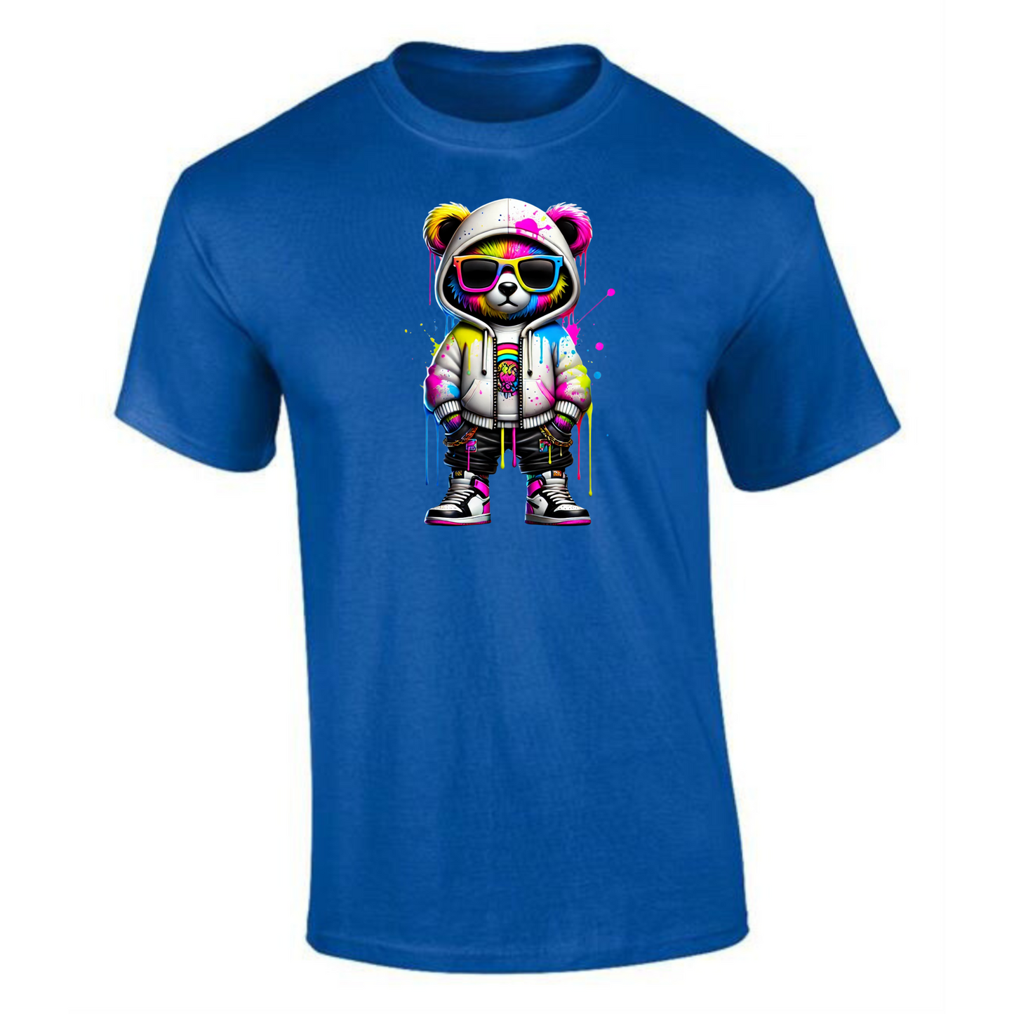 Teddy Bear T-Shirt | Neon Hands-in-Pockets Style for Men