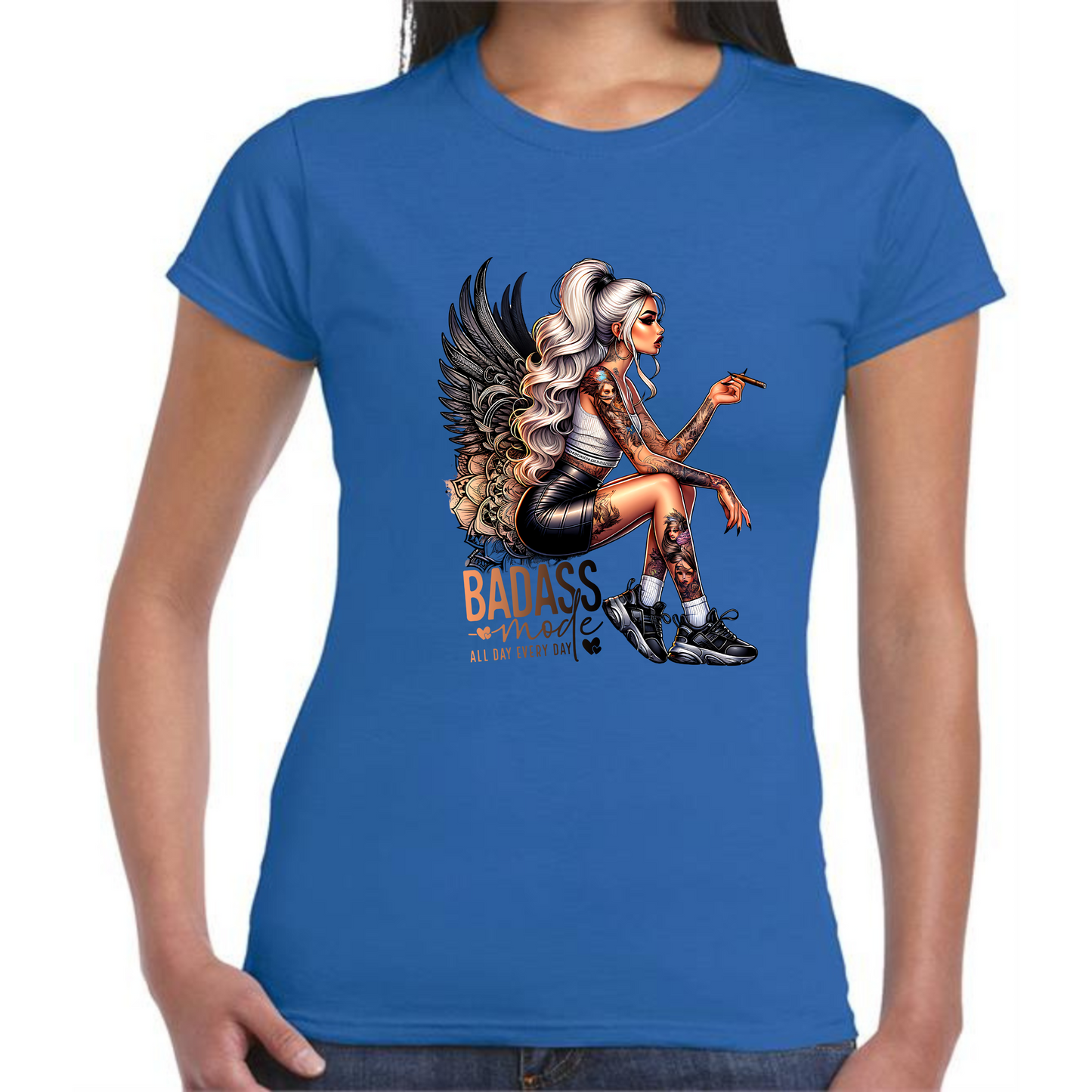 Badass Mode T-Shirt | Blonde Woman with Tattoos & Angel Wings - Style Quest Fashion