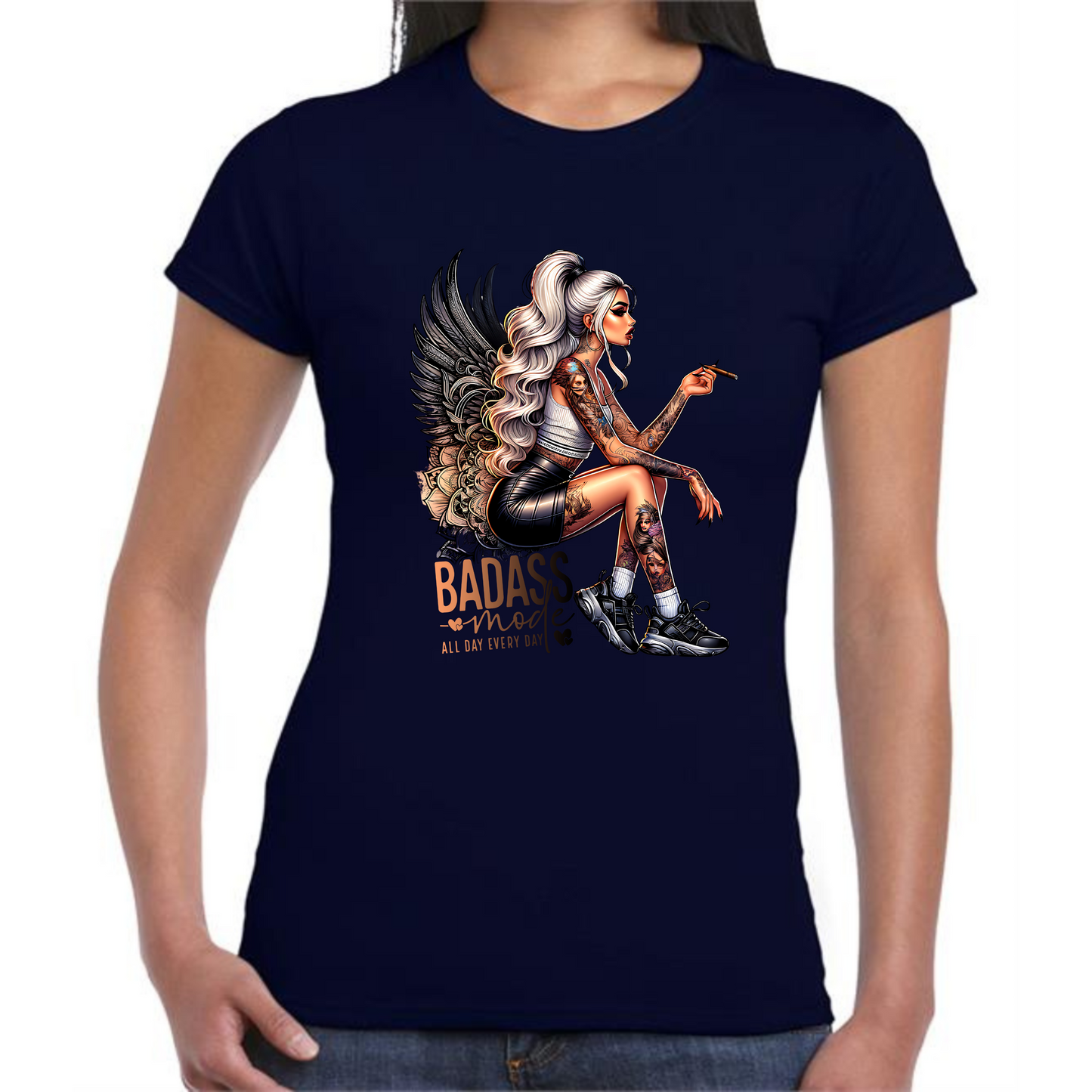 Badass Mode T-Shirt | Blonde Woman with Tattoos & Angel Wings - Style Quest Fashion