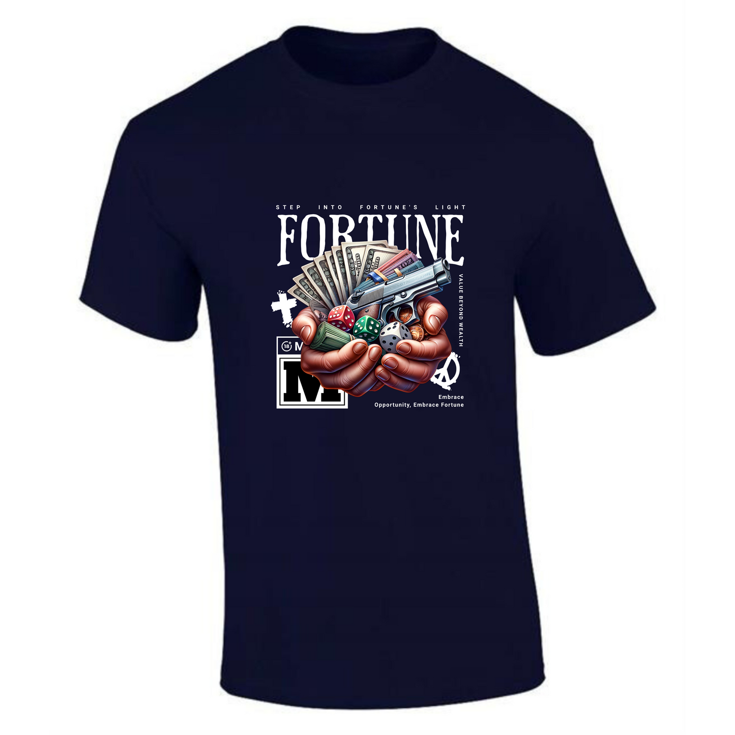 Fortune T-Shirt | Hands Holding Money, Dice & Gun Design – Premium Tee - Style Quest Fashion