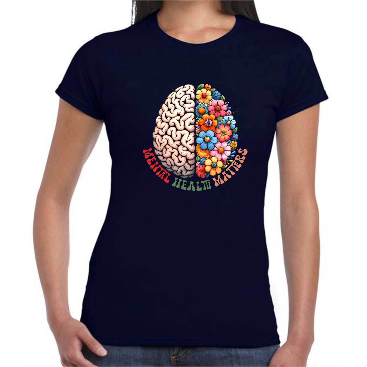 Mental Health Matters T-Shirt | Brain and Flowers Design