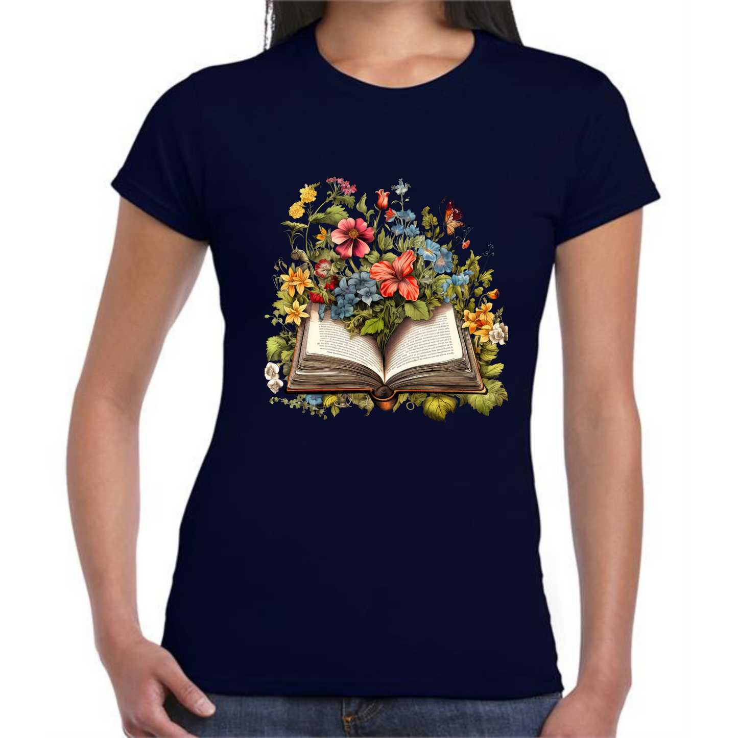 Botanical Antique Book T-Shirt | Floral Open Book Design