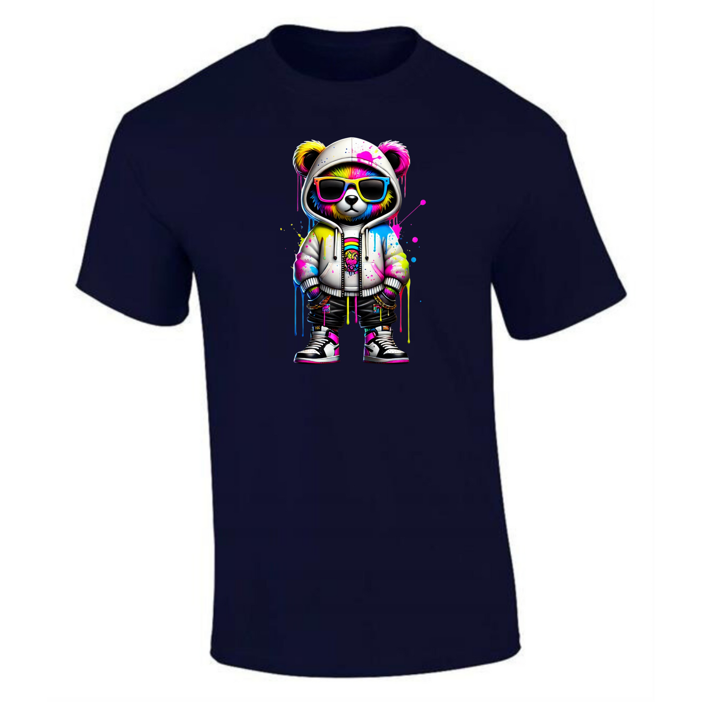 Teddy Bear T-Shirt | Neon Hands-in-Pockets Style for Men