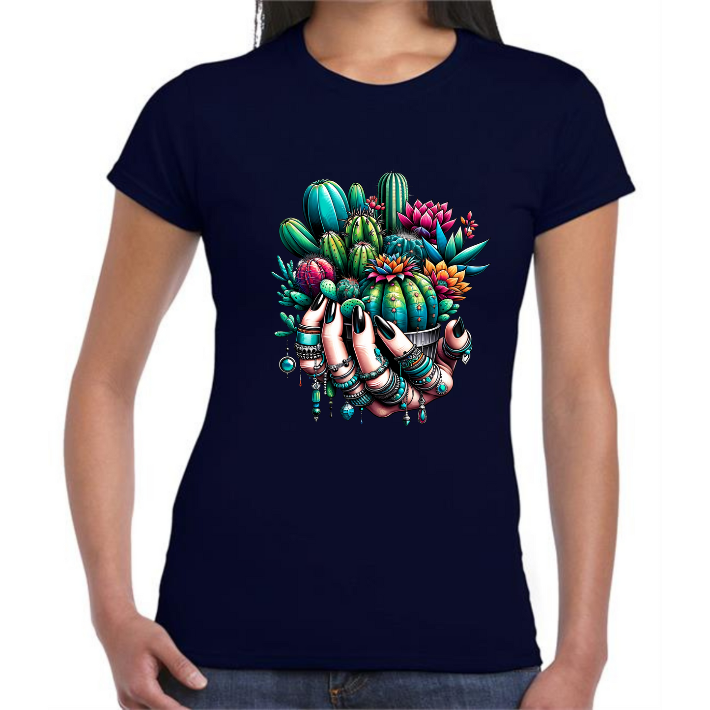 Holding Cactuses T-Shirt | Unique Women’s Hand with Cactus Design