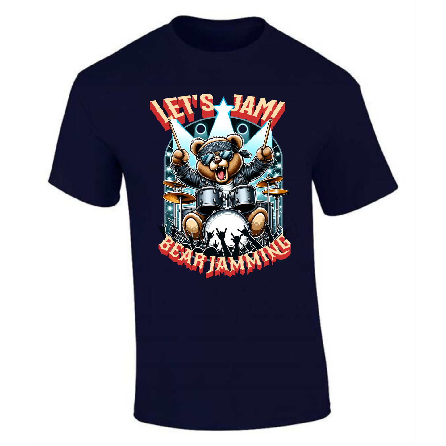 Let’s Jam Bear T-Shirt | Rocker Bear Drummer Design – Premium Tee