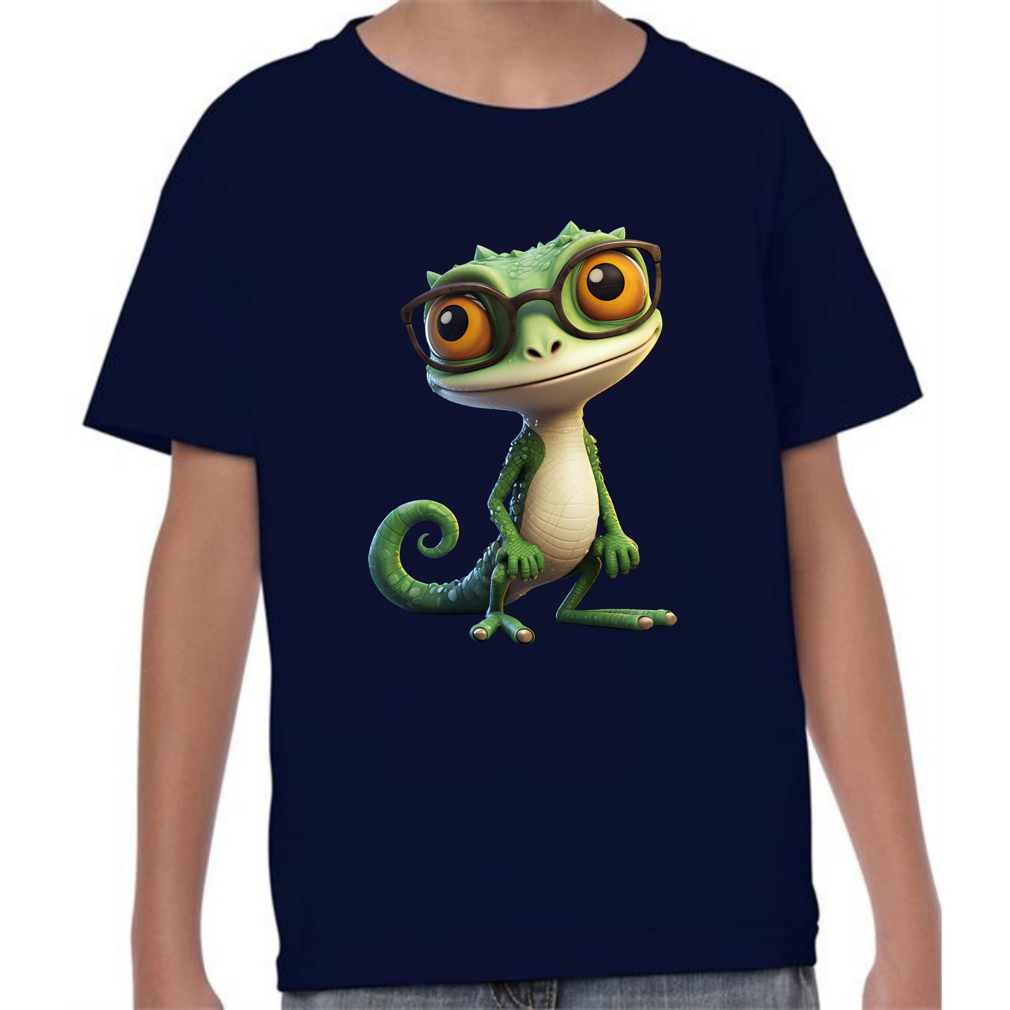 Kids' Cute Green Gecko with Glasses T-Shirt – Fun & Smart Design