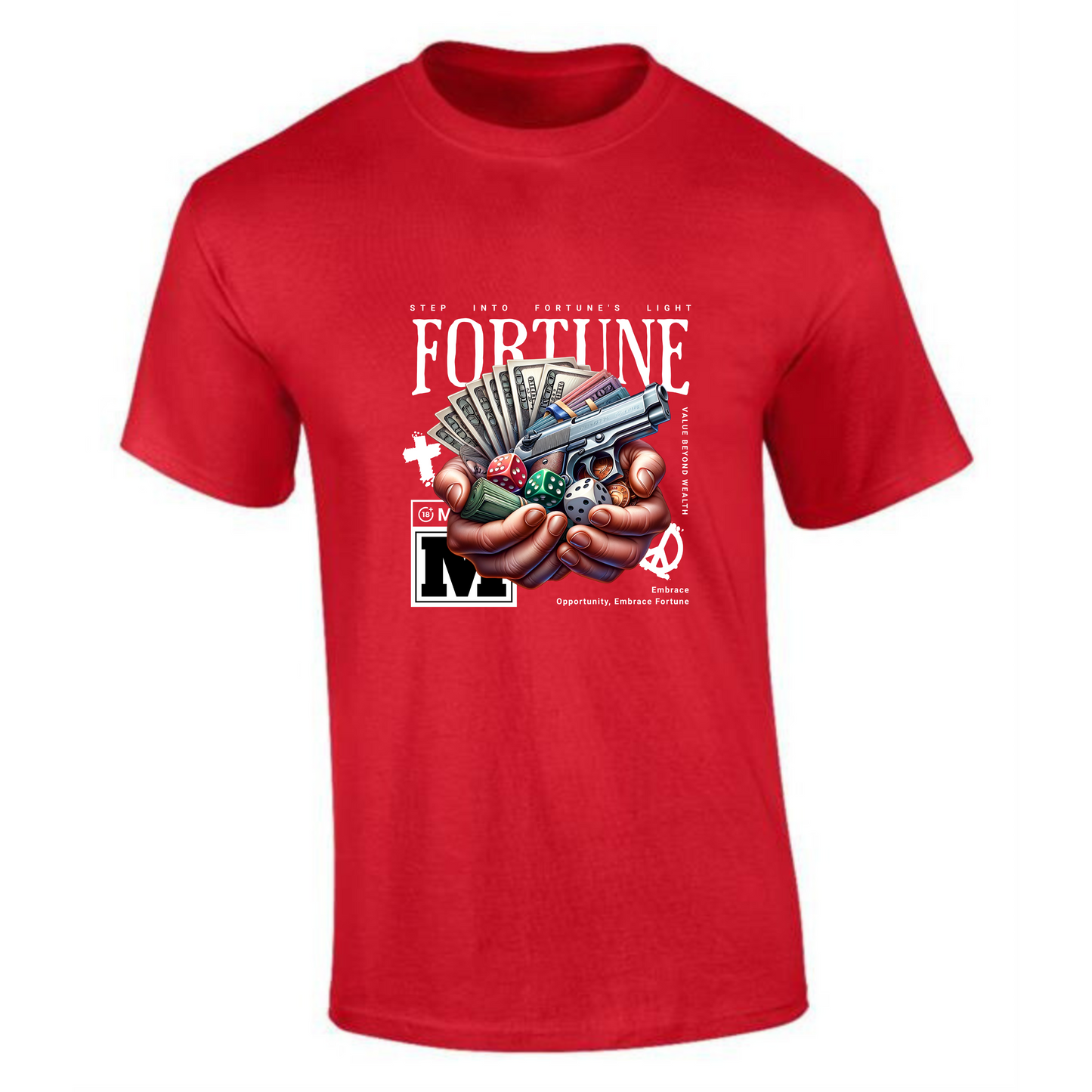 Fortune T-Shirt | Hands Holding Money, Dice & Gun Design – Premium Tee - Style Quest Fashion