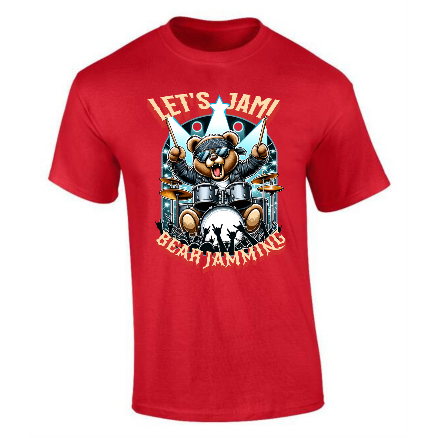 Let’s Jam Bear T-Shirt | Rocker Bear Drummer Design – Premium Tee