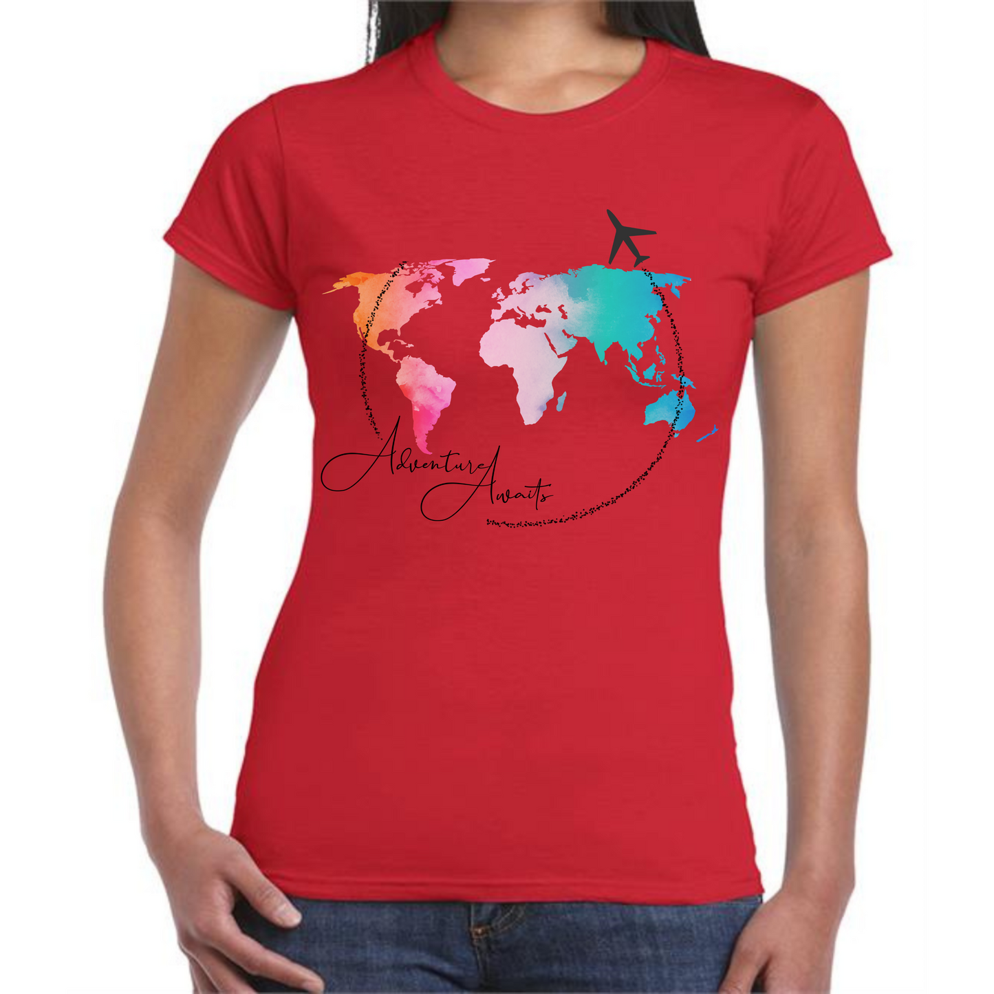 Adventure Awaits T-Shirt | Map Design with Plane & Bold Text