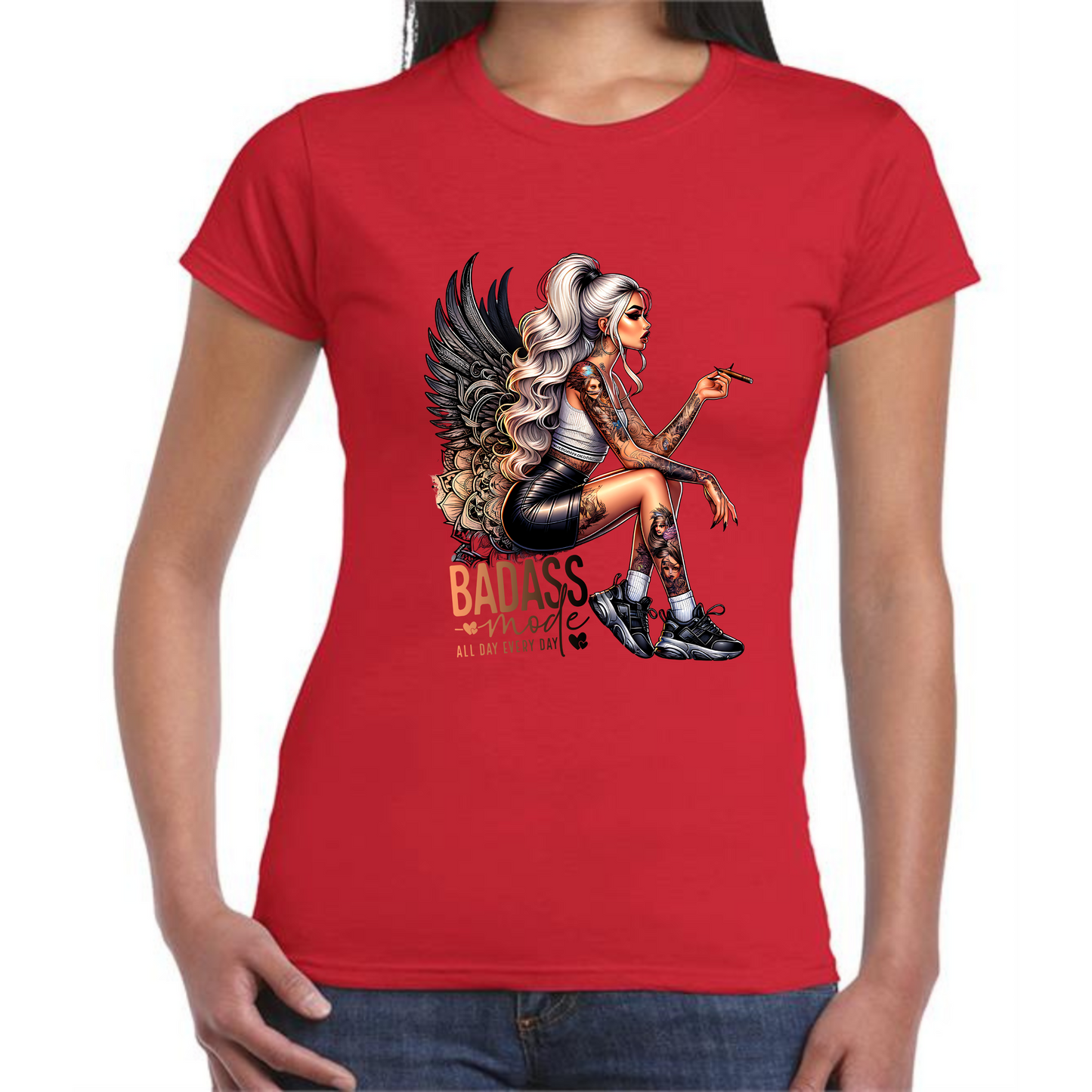 Badass Mode T-Shirt | Blonde Woman with Tattoos & Angel Wings - Style Quest Fashion